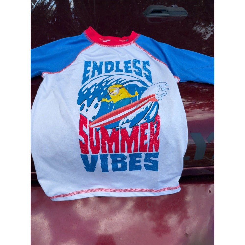 Minions Boys Rash Guard Swim Shirt Endless Summer Vibes Blue White Size 8